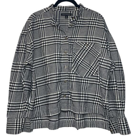 Banana Republic Collarless Flannel Button Down Top Black/White Plaid Size Medium - Picture 1 of 15
